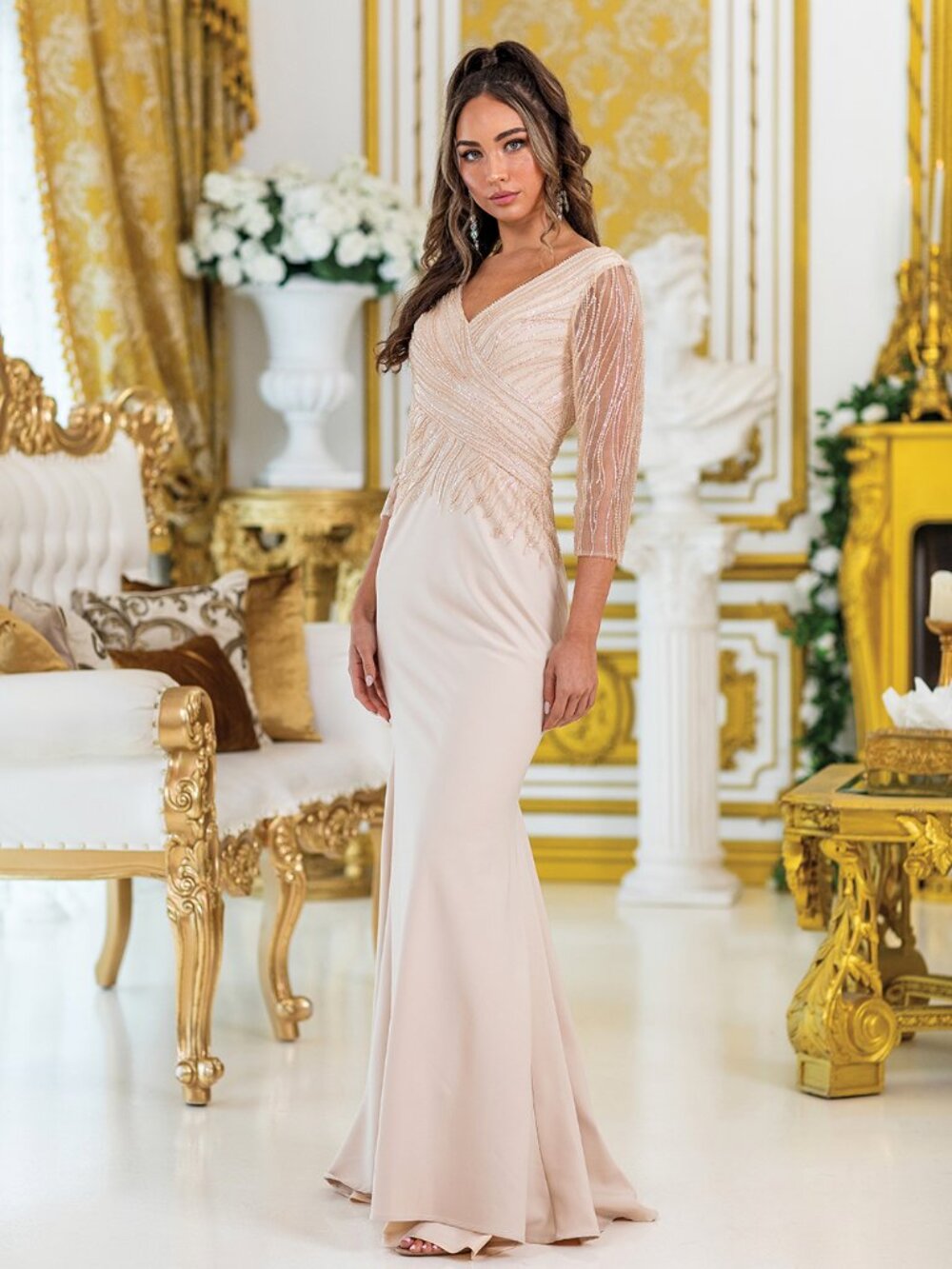 NEW CHAMPAGNE Beaded Prom Gown Floor Length Embellished 4475